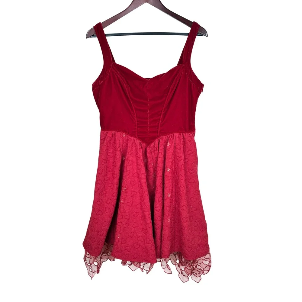 Dress Sz L Velvet Corset Babydoll Fairy Whimsigoth Holiday Heart Red Tulle Party